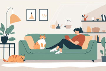 Fototapeta premium A woman is sitting on a couch with two cats on her lap