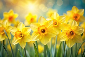 Obraz premium Close-up view of bright yellow daffodils in bloom against soft background