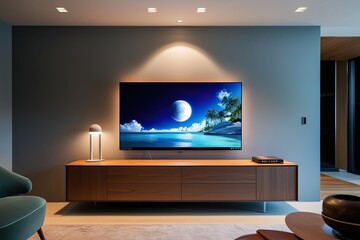 OLED Display on Designer Furniture Piece in Contemporary Den with Smooth Aesthetics