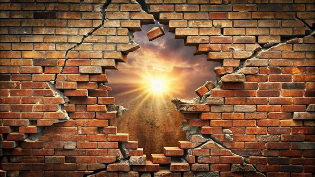 A dramatic close-up of a cracked and crumbling brick wall, with individual bricks breaking free, symbolizing liberation, freedom, and transformation.