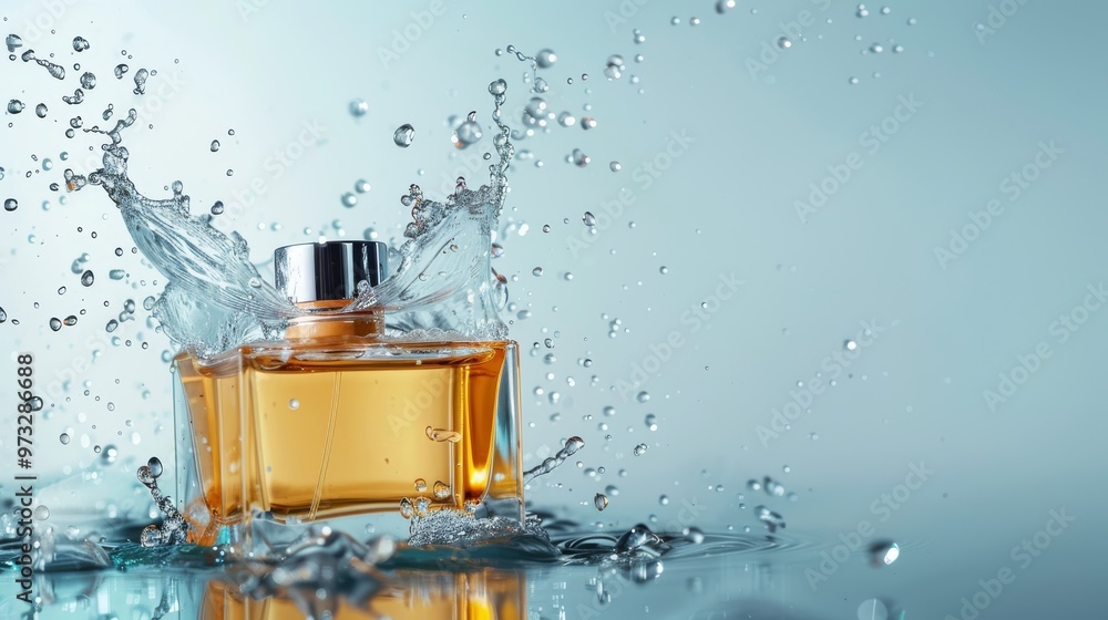 Poster perfume bottle with water splash on light background close-up photo with clean background