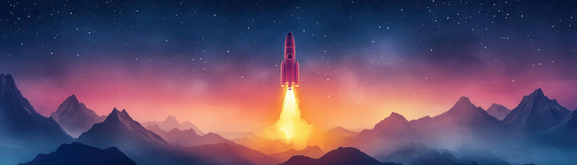 Obraz premium Stunning digital artwork of a rocket launching against a vibrant sunset and mountainous landscape, symbolizing exploration and adventure.