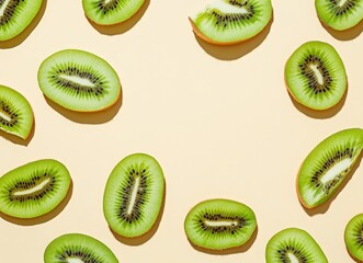 Fototapeta premium Falling kiwi fruit slices on a beige background with copy space. Background for product presentation design. concept of fresh and healthy food.