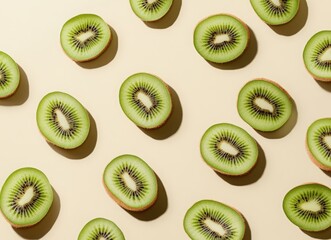Fototapeta premium Falling kiwi fruit slices on a beige background with copy space. Background for product presentation design. concept of fresh and healthy food.