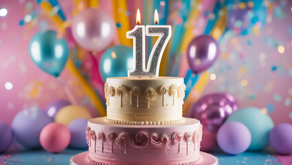 Delicious festive cake with candle number 17 anniversary