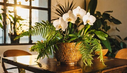 Obraz premium Elegant houseplant arrangement with orchids and ferns in a minimalist dining room