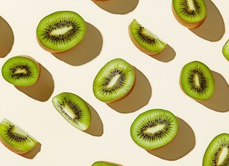Fototapeta premium Falling kiwi fruit slices on a beige background with copy space. Background for product presentation design. concept of fresh and healthy food.