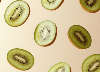 Fototapeta premium Falling kiwi fruit slices on a beige background with copy space. Background for product presentation design. concept of fresh and healthy food.