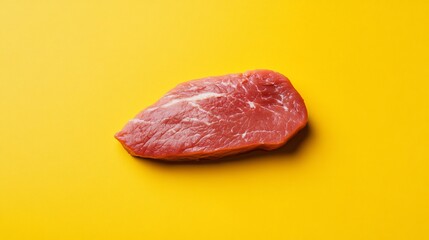 A piece of raw pork tenderloin on a bright yellow background, playful and bold