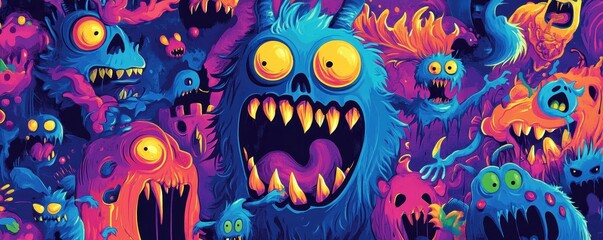 A vibrant illustration of colorful monsters with exaggerated features, perfect for fantasy-themed projects and creative designs.