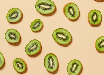 Fototapeta premium Falling kiwi fruit slices on a beige background with copy space. Background for product presentation design. concept of fresh and healthy food.
