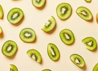Fototapeta premium Falling kiwi fruit slices on a beige background with copy space. Background for product presentation design. concept of fresh and healthy food.