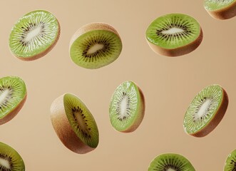 Fototapeta premium Falling kiwi fruit slices on a beige background with copy space. Background for product presentation design. concept of fresh and healthy food.