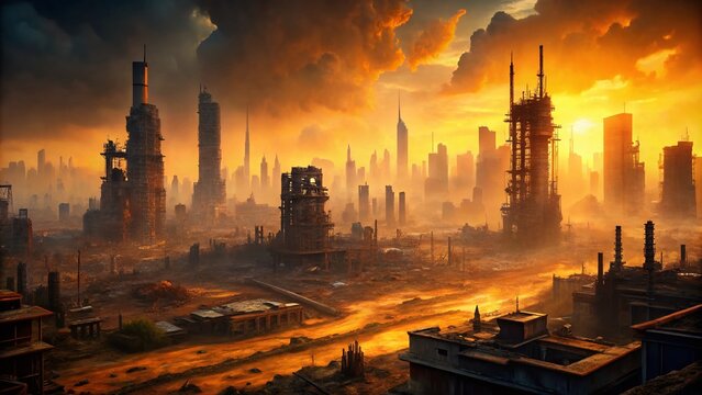 A foreboding, smog-shrouded metropolis lies in ruins, its crumbling skyscrapers and twisted metal skyline silhouetted against a toxic orange haze of industrial decay and neglect.