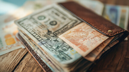 A close up of wallet full of foreign currency, showcasing various banknotes