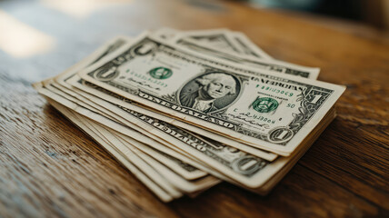 A close up of dollar bills arranged fan like on wooden surface, showcasing wealth