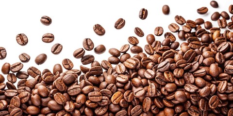 Obraz premium Coffee beans falling down on a white background viewed through fisheye lens