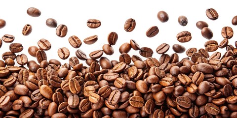 Obraz premium Coffee beans falling in a fisheye perspective on white background