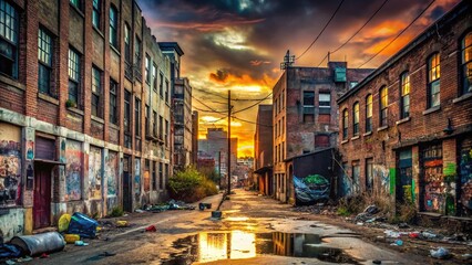 Fototapeta premium A gritty urban landscape at dusk, with graffiti-tagged walls, rundown buildings, and litter-strewn streets, capturing the essence of gritty urban decay and neglect.