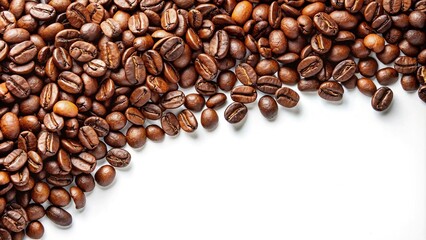 Obraz premium Coffee beans scattered asymmetrically on white background