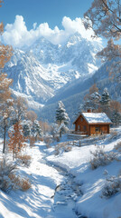 Fototapeta premium Hunter's wooden house. Snowy high mountain.