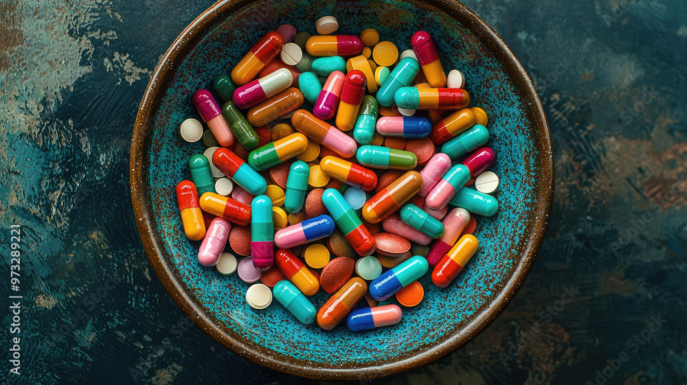 Poster colorful array of pills in shallow bowl creates vibrant display