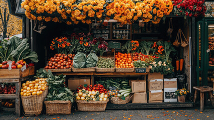 Fresh vegetables and vibrant flowers create lively market stand atmosphere