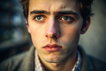 Fototapeta premium A hesitant individual pauses, biting their lip in contemplation, conveying uncertainty and introspection, as soft