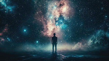 A figure stands in awe among stars, gazing at vast universe