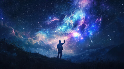 A figure stands among stars, reaching out to cosmic beauty above