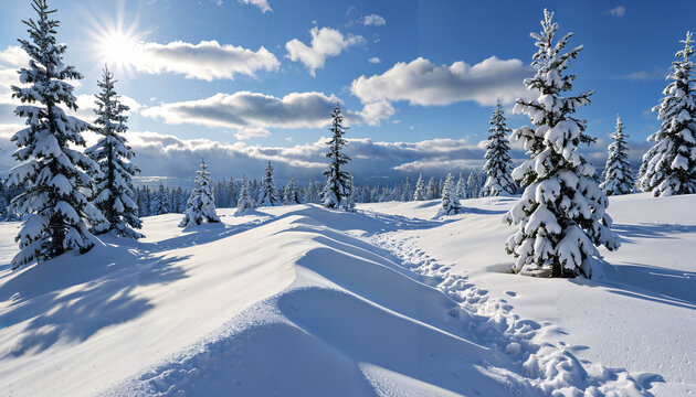 Magnifique paysage d'hiver enneig&eacute; sous le soleil