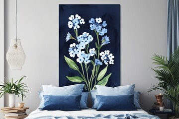 Elegant Navy Watercolor Forget-Me-Nots Floral Art Print Vertical Poster for Bedroom Decor