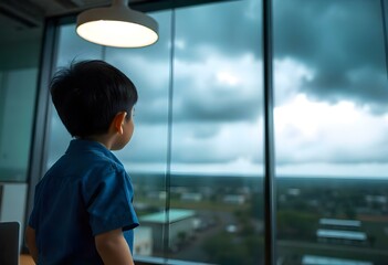 a child of Asian descent with short black hair, wearing a blue shirt, standing with their back to the camera in a modern office create with ai