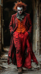 Man in a red clown costume for Halloween. Horror. Full body shot. Professional photo.