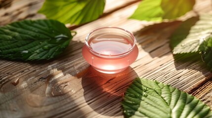 Pure cosmetic gel on natural wooden surface with leaf shadows Close-up photo with clean background