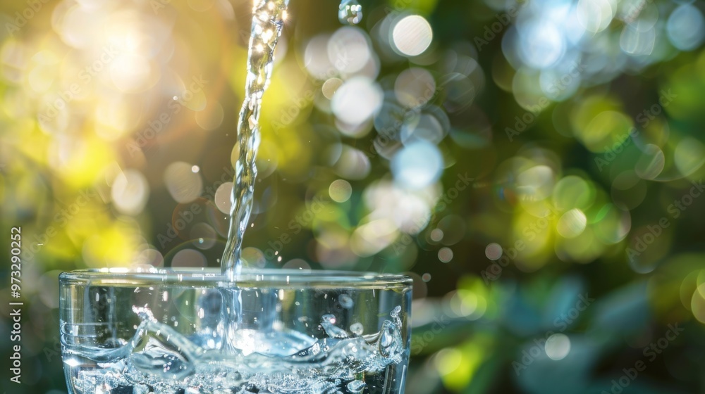 Poster pure water being poured into a transparent container close-up photo with clean background