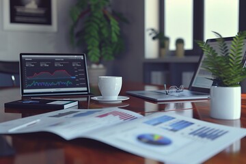 A stylish, modern financial magazine spread with dynamic graphs and sleek typography on a polished desk.