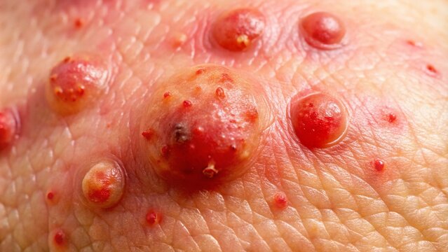 A Macro close-up of a red, swollen, and inflamed skin area with pus-filled abscesses and surrounding redness, indicating a bacterial staph infection.