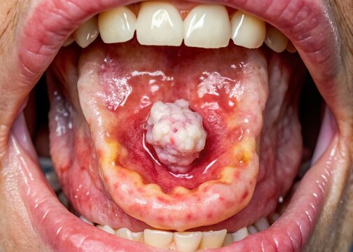 A macro view of an oral cavity lesion showing irregular white patches and redness on the tongue and