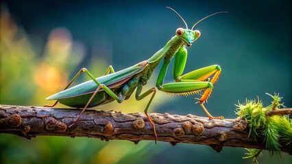 A majestic, emerald-green praying mantis, Mantis religiosa, perches on a delicate, dry branch, its spiked forelegs clasped in prayer-like meditation, awaiting unsuspecting prey.