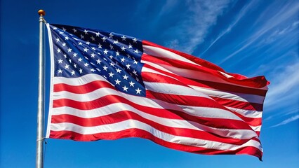 Fototapeta premium A majestic American flag waving proudly in the wind, its vibrant red, white, and blue colors shining brightly