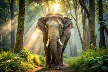 Fototapeta premium A majestic Asian elephant, species elephas indicus, stands in a lush forest, its wrinkled gray skin and tusks