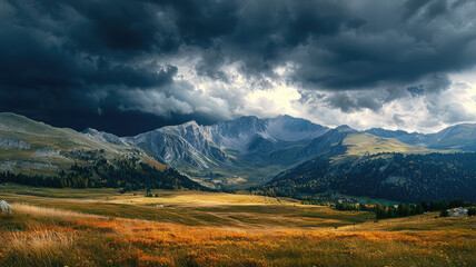 Obraz premium A dramatic mountain landscape with storm clouds gathering over peaks
