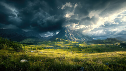 Obraz premium Dramatic mountain landscape with storm clouds gathering over lush greenery