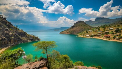 Obraz premium Emerald Green Waters of Lake Malawi, Surrounded by Mountains and Villages