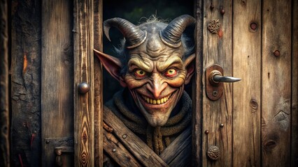 A mischievous, horned creature with wicked eyes and a sly grin lurks in the shadows, peeking around a slightly ajar, old, wooden door.