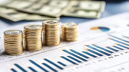 Increasing profits are represented by stacked coins and financial charts