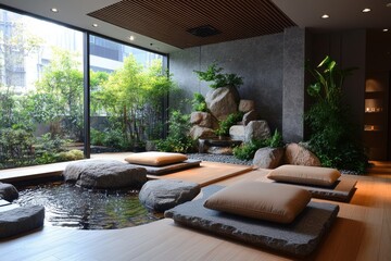 zen-inspired home dcor, create a tranquil meditation spot with a zen garden, water feature, and comfy seating, evoking mindfulness and serenity