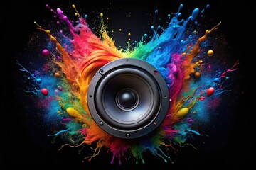 Colorful abstract paint splashing on audio speaker isolated on black background