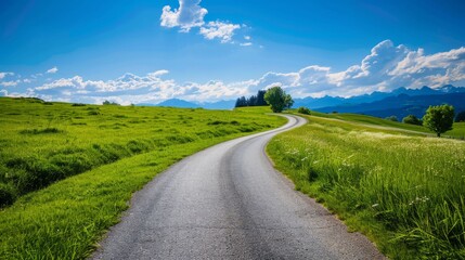 Naklejka premium Road cutting through Alpine meadows, blue sky, summer vibes, Close-up photo with clean background